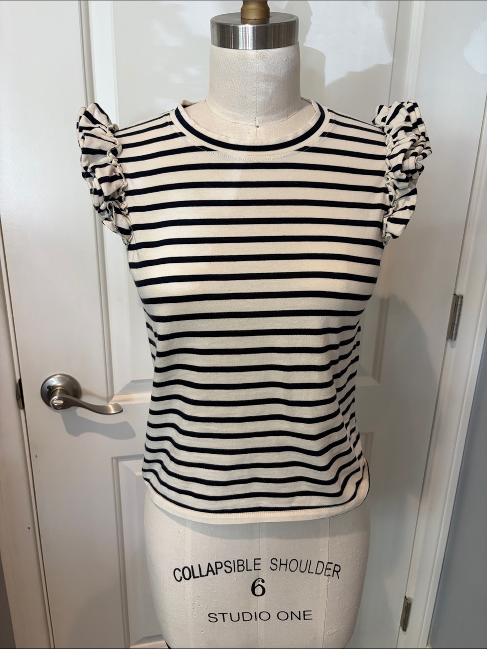Striped Ruffle Sleeve Tee - Black & White. Anthropologie
